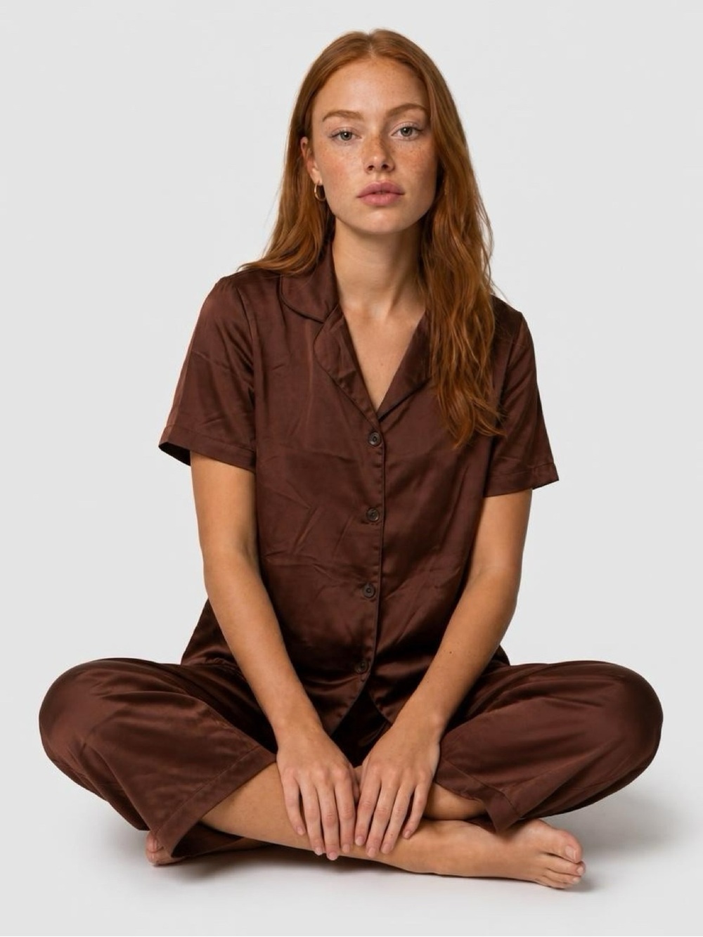 Cheibear Brown Satin Pajama Set Button Front Sleepwear M